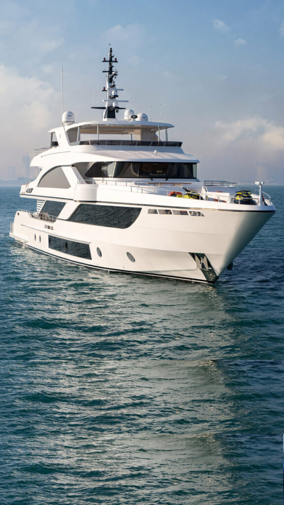 "A luxurious white yacht sailing on the open ocean with a large wooden deck. The yacht features modern design elements, including sunbeds and a round jacuzzi on the deck. The water is calm, and the sky is clear, emphasizing the yacht's elegance and exclusivity."