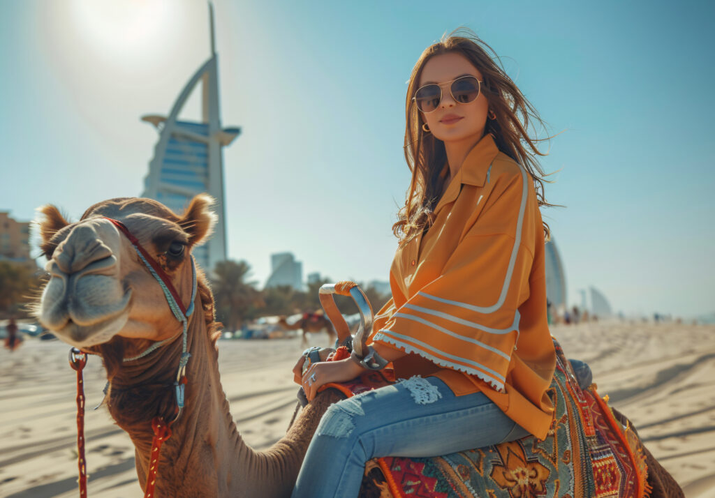 A woman wearing a yellow shirt and sunglasses, sitting on a camel in the desert with the Burj Al Arab hotel in the background. The image captures the woman smiling and enjoying the ride under the bright sunlight.