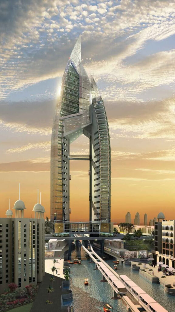 Architectural rendering of the Burj Al Alam tower in Dubai, featuring its futuristic design with a distinctive twist. The building stands tall over a canal, with a monorail bridge connecting nearby buildings and a skyline visible in the background during sunset.
